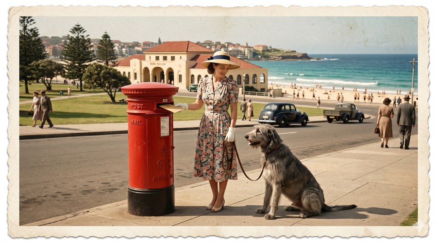 A woman posts a letter at a red pillarbox on the Bondi promenade, a large grey dog at her side, the Pavilion behind her