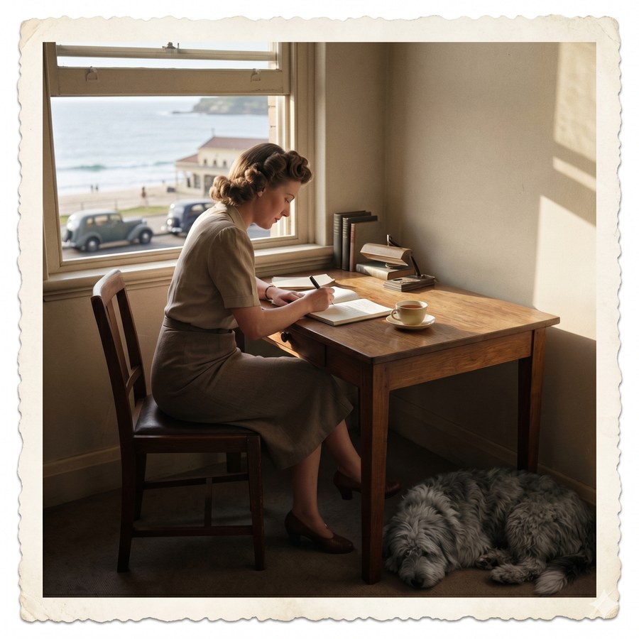 A woman writes at a wooden desk by a window overlooking Bondi Beach, a large shaggy dog asleep on the floor beside her